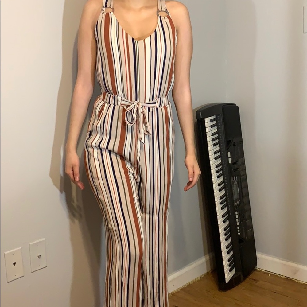 Beige Orange Vertical Stripe Jumpsuit